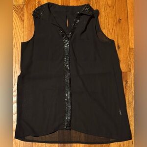 RETROD Black Sleeveless button Blouse Small S Sequin Collar & Trim Sheer Hem